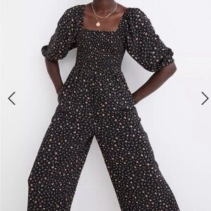 Madewell Lucie Smocked Jumpsuit with Elbow Sleeve and Pockets Black Floral